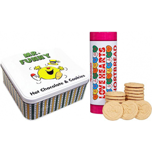 Mr. Funny Tin Hot Chocolate & Cookies With Swizzels Love Hearts Tin Shortbread Biscuits Love Heart Messages