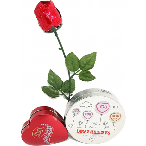 Lindt Heart Shaped Chocolate Tin & Swizzels Love Hearts Tin With A Chocolate Rose
