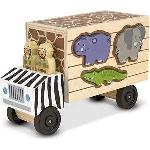 Melissa & Doug Wooden Shape Sorter Rescue Truck with Zoo & Safari Animals Toys for Kids, Wooden Puzzles for 2+ Year Olds